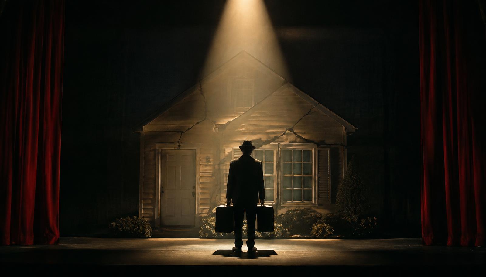 A salesman with two suitcases under a spotlight before a cracked house